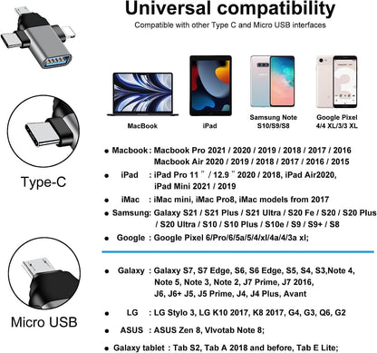 3in1 OTG Lightning/USB-C/Micro-USB to USB Female OTG Adapter, High Speed Data Sync & Transfer Multi Colour Metal Shall OTG for iPhone & Android Devices