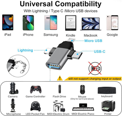 3in1 OTG Lightning/USB-C/Micro-USB to USB Female OTG Adapter, High Speed Data Sync & Transfer Multi Colour Metal Shall OTG for iPhone & Android Devices