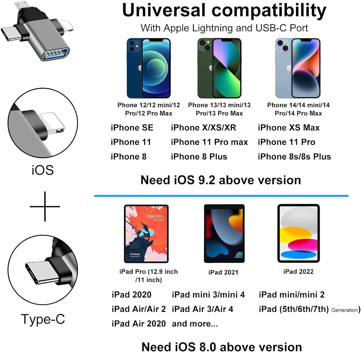 3in1 OTG Lightning/USB-C/Micro-USB to USB Female OTG Adapter, High Speed Data Sync & Transfer Multi Colour Metal Shall OTG for iPhone & Android Devices