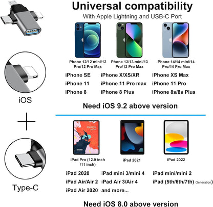 3in1 OTG Lightning/USB-C/Micro-USB to USB Female OTG Adapter, High Speed Data Sync & Transfer Multi Colour Metal Shall OTG for iPhone & Android Devices