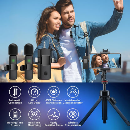 3 in 1 Wireless  dual Mini Microphone-10 Hours of Life, Wireless Microphone for iPhone,Camera, Android, iPad,Lavalier Microphone Intelligent Noise Reduction for Video Recording/Vlog/Live Streaming