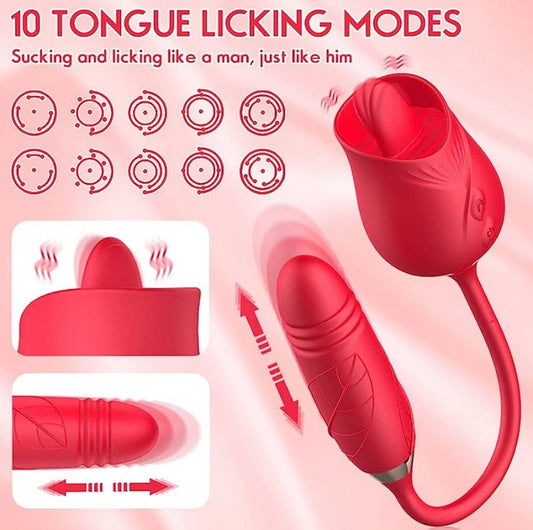 Rose LICKER Toy DUAL Vibrator Clitoris Stimulator Tongue Licking Thrusting G Spot Dildo Nipple