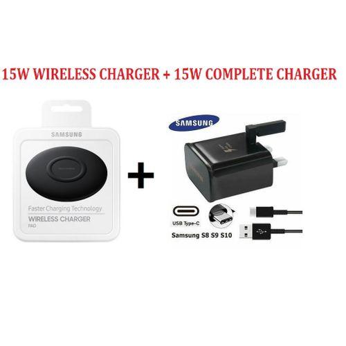 SAMSUNG 15W Galaxy USB TYPE C FAST Charger WITH 15W WIRELESS CHARGER BUNDLE - BLACK for s8  s9 s10 s20 s21 s22 s23 s24 s25