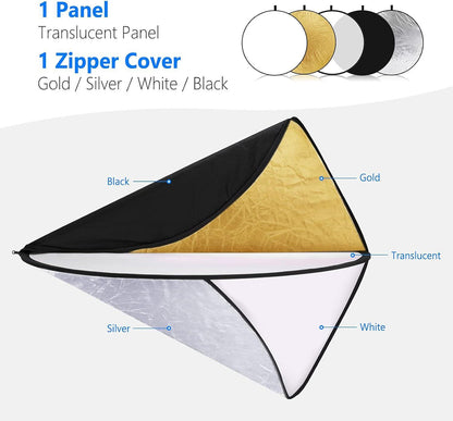 43 Inch/ 110 Centimeter Light Reflector Diffuser 5in1 Collapsible Multi Disc with Bag - Translucent, Silver, Gold, White, and Black for Studio Photography Lighting Outdoor