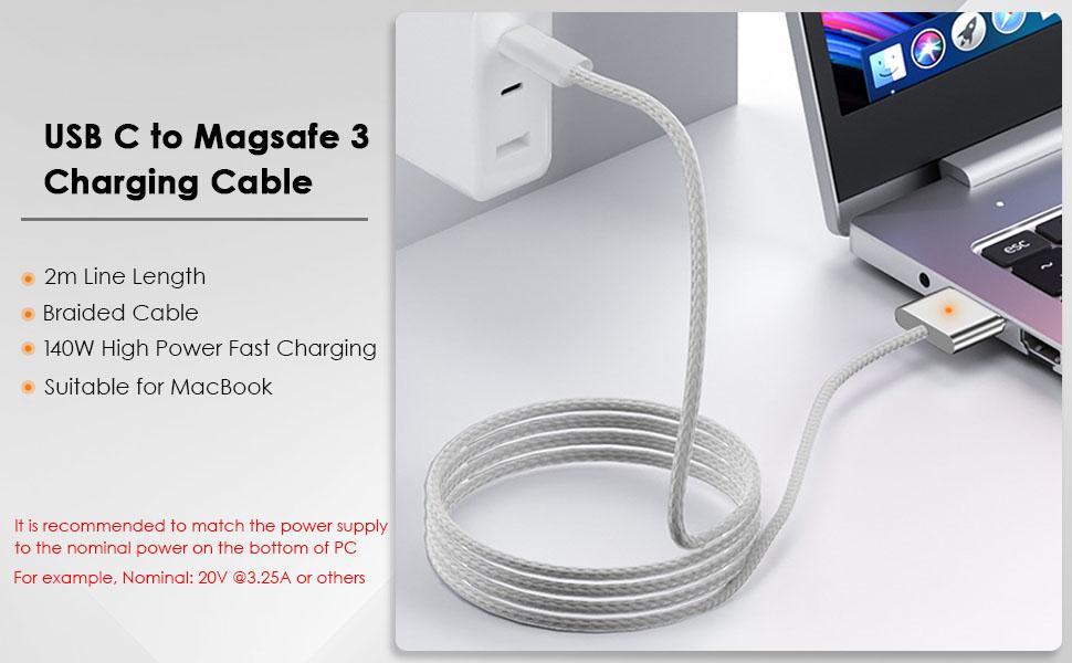 Apple USB C to Magsafe 3 Charging Cable, 2m Braided Wire Charging Cord with LED Charging Indicator, 140W Efficient Charging, for Wall Chargers,