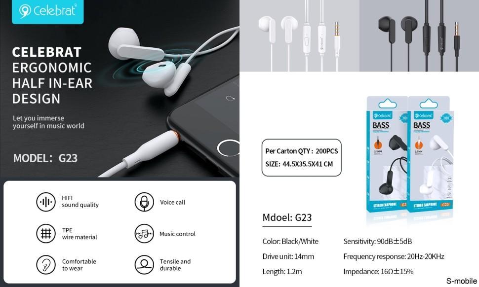 Celebrat G23 Music Bass IN EAR Stereo Earphone 3.5mm Audio jack with Mic Wired Headset - WHITE