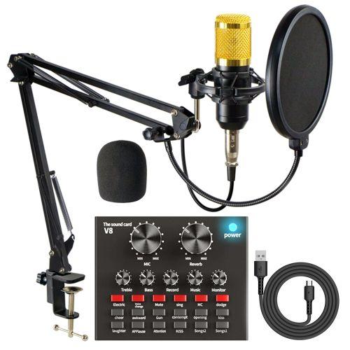 PROFESSIONAL Condenser MICROPHONE With V8 Live Sound Card BM800 For Studio Recording VLOG INTERVIEW - GOLD MIC