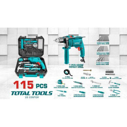 TOTAL 115pcs Electric 650W impact Hammer Drill Professional Tool Set With Drill DIY Kit concrete and wood drillset toolset