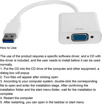 USB3.0 to VGA Converter, 5Gbps HD 1080P Adapter Cable, 15Pin Female External Video Card for Laptops, Desktops, Monitors, Projectors, TVs