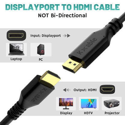 1 METER DisplayPort to HDMI Display Cable, Uni-Directional, 4k@30Hz, 1920x1200, 1080p, Gold-Plated Plugs, 6 Foot