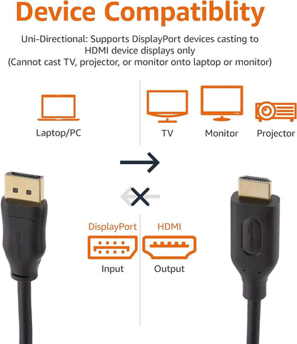 1 METER DisplayPort to HDMI Display Cable, Uni-Directional, 4k@30Hz, 1920x1200, 1080p, Gold-Plated Plugs, 6 Foot