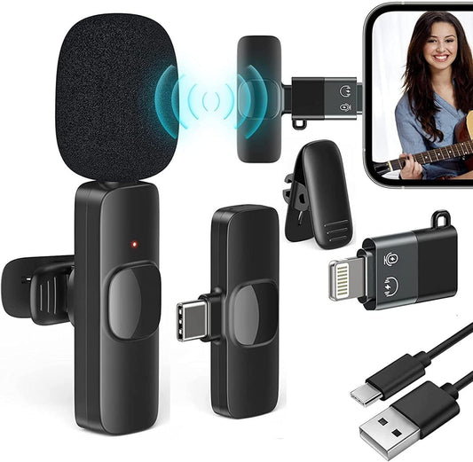 2.4GHz 2 in 1 Wireless Microphone, Digital Mini Portable Recording Clip Mic with Receiver for All Type-C Lightning Mobile Phones Camera