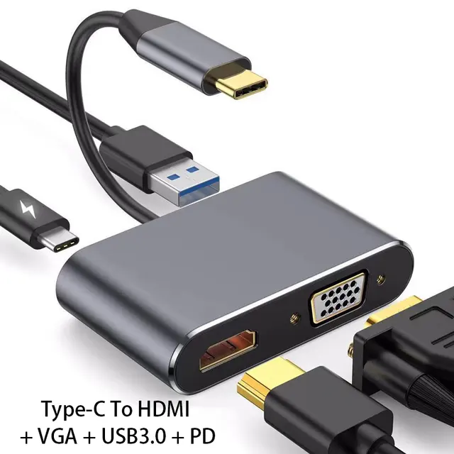 4in1 USB C to HDMI VGA Adapter, 4 in 1 USB 3.1 Type C to VGA HDMI 4K Video Converter PD USB 3.0 Compatible with MacBook Pro/Air 2020 iPad Pro, SAMSUNG